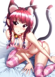 Rule 34 | 1girl, :o, alternate costume, animal ears, arm support, bell, bikini, blush, bow, braid, breasts, cat ears, cat tail, cleavage, collar, covered erect nipples, extra ears, fingernails, full-face blush, hair bow, hair ribbon, highres, jingle bell, kaenbyou rin, kezune (i- -i), long fingernails, looking at viewer, multiple tails, neck bell, nekomata, pink bikini, pink thighhighs, pointy ears, red eyes, red hair, ribbon, shiny skin, skindentation, small breasts, solo, striped clothes, striped thighhighs, swimsuit, tail, tail ornament, tail ribbon, thighhighs, touhou, twin braids