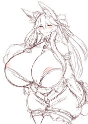 Rule 34 | 1girl, absurdres, ancoma, animal ears, areola slip, bare shoulders, blush, breasts, cleavage, detached sleeves, female focus, fox ears, gigantic breasts, highres, long hair, looking at viewer, monochrome, simple background, sketch, solo, standing, white background