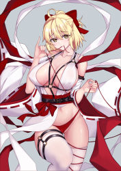 Rule 34 | 1girl, absurdres, ahoge, bare shoulders, belt, belt buckle, blonde hair, blush, bow, breasts, buckle, cleavage, closed mouth, collarbone, covered erect nipples, detached sleeves, fate/grand order, fate (series), gluteal fold, grey background, hair bow, harness, highres, holding, holding weapon, large breasts, leg up, long sleeves, mergerri, navel, o-ring, okita souji (fate), panties, partially visible vulva, pinky out, red bow, red panties, revealing clothes, ribbon-trimmed sleeves, ribbon trim, short hair, short ponytail, side-tie panties, simple background, smile, solo, standing, standing on one leg, thigh gap, thigh strap, thighhighs, underwear, untied panties, weapon, white thighhighs, wide sleeves, yellow eyes
