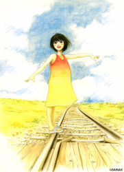Rule 34 | 1girl, balancing, black hair, blush, cloud, dress, gainaxtop, railroad tracks, sandals, short hair, sky, solo