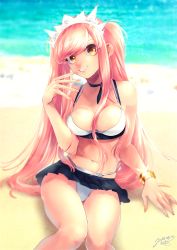 Rule 34 | 1girl, beach, bikini, breasts, fate/grand order, fate (series), hand on own face, highres, long hair, looking at viewer, medb (fate), medb (swimsuit saber) (fate), medb (swimsuit saber) (second ascension) (fate), medium breasts, nishiyama (whatsoy), parted lips, pink hair, sitting, smile, solo, swimsuit, tiara, twintails, white bikini, yellow eyes