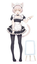 Rule 34 | 1girl, absurdres, alternate costume, animal ears, apron, black dress, black footwear, black pantyhose, blush, cat ears, cat tail, dress, enmaided, closed eyes, full body, hair between eyes, highres, kantai collection, maid, maid apron, maid headdress, open mouth, pantyhose, puffy short sleeves, puffy sleeves, ryo (tg290), shoes, short hair, short sleeves, smile, solo, tail, white apron, white background, white hair, wrist cuffs, z1 leberecht maass (kancolle)