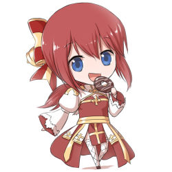 Rule 34 | 1girl, :d, arch bishop (ragnarok online), bell, black footwear, blue eyes, bow, chibi, chocolate doughnut, cleavage cutout, clothing cutout, commentary request, cross, doughnut, dress, fishnet thighhighs, fishnets, food, full body, hair bow, holding, holding food, juliet sleeves, long hair, long sleeves, looking at viewer, natsuya (kuttuki), open mouth, ponytail, puffy sleeves, ragnarok online, red bow, red dress, red hair, sash, shoes, simple background, smile, solo, thighhighs, two-tone dress, white background, white dress, white thighhighs, yellow bow, yellow sash