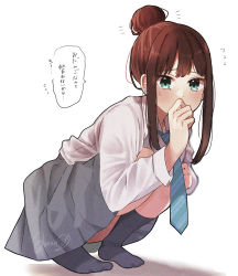 Rule 34 | 1girl, alternate hairstyle, blush, covering own mouth, ear piercing, flying sweatdrops, full body, grey skirt, hair bun, hand on own knee, hand to own mouth, highres, idolmaster, idolmaster cinderella girls, looking at viewer, necktie, no shoes, notice lines, piercing, pleated skirt, school uniform, shadow, shibuya rin, shirt, sidelocks, signature, simple background, single hair bun, skirt, solo, speech bubble, squatting, suzugaeru, sweat, sweatdrop, translation request, watermark, white background, white shirt