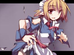 Rule 34 | :d, blonde hair, breasts, burnt clothes, collared shirt, dress, gradient background, hemogurobin a1c, looking at viewer, maid, maid headdress, mugetsu (touhou), necktie, open mouth, pointy ears, red eyes, sash, shirt, short hair, smile, solo, sweatdrop, torn clothes, torn dress, touhou, touhou (pc-98), wrist cuffs