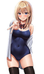 Rule 34 | 1girl, black thighhighs, blonde hair, blue eyes, blush, bow, bowtie, breasts, covered navel, earrings, gyaru, highres, jewelry, kogal, large breasts, long hair, looking at viewer, one-piece swimsuit, original, school swimsuit, simple background, solo, swimsuit, swimsuit under clothes, thighhighs, tongue, tongue out, undressing, v, white background, yukemuriganmo