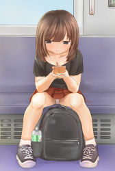 Rule 34 | 1girl, backpack, bag, black eyes, black footwear, black shirt, blush, bottle, breasts, brown hair, cellphone, cleavage, closed mouth, collarbone, day, female focus, full body, half-closed eyes, hands up, highres, holding, japanese text, light blush, long hair, looking down, miniskirt, original, own hands together, pakumi, panties, pantyshot, phone, pigeon-toed, pleated skirt, shirt, shoes, short sleeves, sitting, skirt, small breasts, socks, solo, train interior, translation request, underwear, upskirt, water bottle, white panties, white socks, window, zipper pull tab
