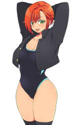Rule 34 | 1girl, blue one-piece swimsuit, blush, breasts, cleavage, eroe, gakuran, green eyes, igarashi kyou (eroe), large breasts, one-piece swimsuit, orange hair, original, school uniform, short hair, simple background, solo, swimsuit, thighhighs, white background
