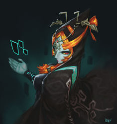 Rule 34 | 1girl, black cape, black dress, blue skin, breasts, cape, colored sclera, colored skin, commentary, dress, english commentary, forehead jewel, from behind, front ponytail, headgear, hood, hooded cape, lips, long hair, looking back, low-tied long hair, medium breasts, midna, midna (true), nintendo, nose, orange hair, ozkh, purple lips, red eyes, solo, spoilers, the legend of zelda, the legend of zelda: twilight princess, yellow sclera