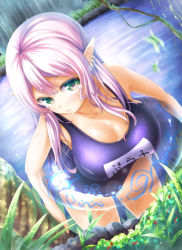 Rule 34 | 1girl, breasts, character request, cleavage, cyanomirahi, green eyes, highres, innertube, large breasts, long hair, name tag, one-piece swimsuit, original, pink hair, pointy ears, school swimsuit, shiny clothes, solo, swim ring, swimsuit