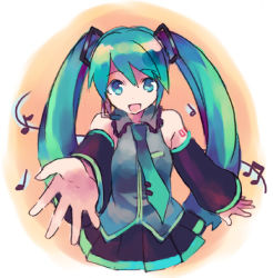 Rule 34 | 1girl, aqua hair, bare shoulders, beamed quavers, detached sleeves, foreshortening, hatsune miku, musical note, shatiko, solo, twintails, vocaloid
