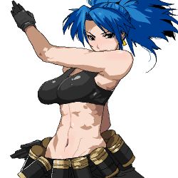 Rule 34 | 1girl, abs, blue hair, chiisan, earrings, female focus, gloves, jewelry, leona heidern, looking at viewer, lowres, midriff, muscular, navel, ponytail, simple background, snk, solo, tank top, the king of fighters, toned, white background