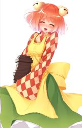 Rule 34 | 1girl, apron, bad id, bad twitter id, bell, blush, book, book stack, breasts, checkered clothes, checkered kimono, closed eyes, hair bell, hair ornament, highres, japanese clothes, kimono, motoori kosuzu, nose blush, open mouth, red hair, rukitsura, short hair, simple background, smile, solo, touhou, white background, wide sleeves