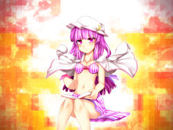 Rule 34 | 1girl, alternate headwear, bare shoulders, bikini, book, bow, crescent, female focus, hair bow, hat, highres, kazetto, long hair, looking at viewer, navel, open book, patchouli knowledge, pink bikini, purple eyes, purple hair, reading, sitting, solo, swimsuit, touhou, very long hair