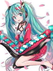 Rule 34 | 1girl, aqua eyes, aqua hair, asymmetrical legwear, asymmetrical sleeves, black thighhighs, cherry blossoms, commentary, criss-cross halter, frilled skirt, frills, hair ornament, hairclip, halterneck, hands on lap, hatsune miku, headphones, headset, japanese clothes, kimono, long hair, magical mirai (vocaloid), magical mirai miku, magical mirai miku (2020 summer), mismatched sleeves, open mouth, petals, pink sleeves, sandals, shadow, single thighhigh, skirt, sleeves past fingers, sleeves past wrists, smile, solo, supo01, thighhighs, twintails, uneven legwear, very long hair, vocaloid, white background, white kimono, white sleeves, wide sleeves, yukata, zouri