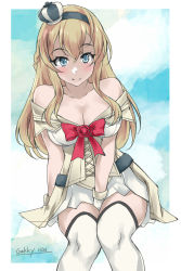 Rule 34 | 1girl, arm between legs, bare shoulders, black hairband, blonde hair, blue eyes, blue sky, braid, breasts, cleavage, cloud, corset, cowboy shot, crown, dress, flower, french braid, gakky, hairband, invisible chair, kantai collection, long hair, long sleeves, medium breasts, mini crown, off-shoulder dress, off shoulder, one-hour drawing challenge, red flower, red ribbon, red rose, ribbon, rose, sitting, sky, solo, thighhighs, warspite (kancolle), white dress, white thighhighs