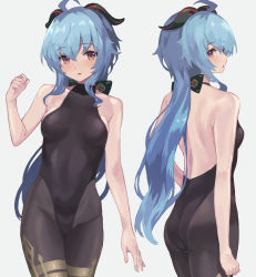 Rule 34 | 1girl, ahoge, bare shoulders, blue hair, bodysuit, breasts, commentary request, from behind, ganyu (genshin impact), genshin impact, goat horns, grey background, highres, horns, long hair, looking at viewer, medium breasts, multiple views, rasahan, simple background, sleeveless, standing