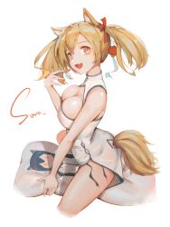 Rule 34 | 1girl, :d, alternate costume, animal ear fluff, animal ears, arknights, bare arms, bare shoulders, blonde hair, body pillow, breasts, character name, china dress, chinese clothes, cleavage, clothing cutout, commentary, cosmetics, cropped legs, dress, eyyy, hair ribbon, hand up, highres, holding, large breasts, lipstick tube, long hair, looking at viewer, open mouth, orange eyes, pillow, red ribbon, ribbon, sleeveless, sleeveless dress, smile, solo, sora (arknights), tail, tail through clothes, texas (arknights), thighs, twintails, white background, white dress, wolf ears, wolf tail