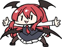 Rule 34 | 1girl, :3, black skirt, black vest, collared shirt, commentary request, demon wings, frilled skirt, frills, full body, hair between eyes, head wings, koakuma, long hair, long sleeves, low wings, necktie, open mouth, outstretched arms, outstretched legs, pantyhose, red hair, red necktie, shirt, sidelocks, simple background, skirt, skirt set, solo, spread arms, suwa yasai, touhou, transparent background, vest, white shirt, wings, | |