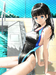 Rule 34 | 1girl, arm support, black hair, black one-piece swimsuit, blue eyes, blue sky, blunt bangs, breasts, chain-link fence, chiga akira, commentary request, competition swimsuit, day, fence, highleg, highleg swimsuit, leaning back, long hair, medium breasts, one-piece swimsuit, original, outdoors, poolside, sitting, sky, smile, solo, swimsuit, two-tone swimsuit, wet, wet clothes, wet swimsuit