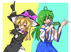 Rule 34 | 1boy, 1girl, black gloves, black headwear, blonde hair, blue skirt, blush, bow, braid, buttons, collared shirt, commentary request, cookie (touhou), cowboy shot, cross, detached sleeves, facepaint, frog hair ornament, genderswap, genderswap (ftm), gloves, green hair, hair bow, hair ornament, hair tubes, hat, hat bow, holding, holding microphone, kirisame marisa, knb (nicoseiga53198051), kochiya sanae, long hair, looking at viewer, microphone, open mouth, paseri (cookie), pointing, pointing up, purple bow, rei (cookie), shirt, single braid, single sidelock, skirt, sleeveless, sleeveless shirt, smile, snake hair ornament, touhou, trap, turtleneck, white shirt, witch hat, yellow eyes