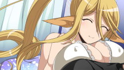 Rule 34 | 1girl, 1other, animal ears, artist request, blonde hair, bra, breast press, breasts, centorea shianus, cleavage, closed eyes, covered erect nipples, from behind, game cg, hair between eyes, horse ears, huge breasts, indoors, long hair, monster musume no iru nichijou, monster musume no iru nichijou online, official alternate costume, official art, pointy ears, ponytail, smile, underwear, very long hair, white bra