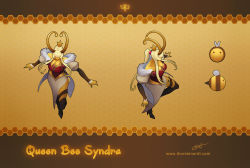 Rule 34 | 1girl, alternate costume, animal, artist name, bare shoulders, bee, black skin, blonde hair, breasts, brown background, bug, character name, cleavage, collarbone, colored skin, commentary, crown, dress, english commentary, from above, fur trim, high heels, horns, insect, large breasts, league of legends, long hair, multiple views, ponytail, syndra, thorsten erdt, watermark, web address, yellow skin