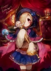 Rule 34 | 1girl, blonde hair, blouse, blue flower, blue rose, blush, brown eyes, candlestand, chair, character name, cloak, commentary request, cowboy shot, crystal ball, curtains, flower, flower ornament, frills, fringe trim, granblue fantasy, hair over one eye, happy birthday, highres, hood, hooded cloak, idolmaster, idolmaster cinderella girls, kuromitsu maria, long sleeves, looking at viewer, rose, scepter, shirasaka koume, shirt, short hair, skirt, skull, sleeves past fingers, sleeves past wrists, smile, solo, thighhighs