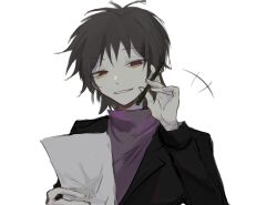 Rule 34 | 1boy, black jacket, brown eyes, brown hair, chinese commentary, commentary request, grin, harada minoru, holding, holding paper, holding pen, jacket, long sleeves, male focus, nidiqianwang, open clothes, open jacket, paper, pen, purple sweater, saibou shinkyoku, short hair, simple background, sketch, smile, solo, sweater, turtleneck, turtleneck sweater, white background