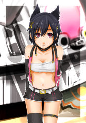 Rule 34 | 10s, 1girl, arms behind back, bandeau, belt, black thighhighs, breasts, cleavage, copyright name, fingerless gloves, gloves, god eater, god eater 2: rage burst, hair ornament, hairclip, ichimoku (373117), kouzuki nana, leaning forward, looking at viewer, midriff, navel, purple eyes, short hair, short shorts, shorts, single thighhigh, smile, solo, strapless, thigh strap, thighhighs, tube top, underboob, vest