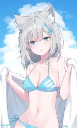 Rule 34 | 1girl, absurdres, alternate costume, animal ears, bare shoulders, bikini, blue archive, blue eyes, blue sky, breasts, bright pupils, cleavage, cloud, cloudy sky, collarbone, commentary request, cross, cross hair ornament, day, grey hair, hair ornament, highres, holding, holding towel, inverted cross, kwang xo, looking ahead, medium breasts, mismatched pupils, navel, outdoors, shiroko (blue archive), short hair, side-tie bikini bottom, sky, solo, stomach, swimsuit, towel, upper body, white pupils, white towel, wolf ears, wolf girl