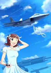 Rule 34 | 1girl, absurdres, ace combat, ace combat 04, aircraft, airplane, amami haruka, bandai namco, blue sky, bow, breasts, brown hair, cloud, collarbone, contrail, crossover, day, dress, emblem, f-22, fighter jet, green eyes, hair bow, hair ribbon, highres, idolmaster, idolmaster (classic), isaf, jet, magnetic weapon, military, military vehicle, mobius 1, mobius strip, model, namco, one eye closed, pilot, railgun, ribbon, short hair, signature, sky, small breasts, smile, solo focus, stonehenge (ace combat), thompson (solowingfh), vehicle focus, white dress