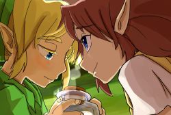 Rule 34 | 1boy, 1girl, blonde hair, blue eyes, bottle, brown hair, couple, face-to-face, forehead-to-forehead, heads together, kasou mikan, link, long hair, malon, natsukusa mikan, nintendo, pointy ears, romani (zelda), smile, the legend of zelda, the legend of zelda: majora&#039;s mask, the legend of zelda: ocarina of time, young link