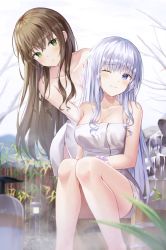 Rule 34 | 2girls, blue eyes, blush, breasts, brown hair, cleavage, closed eyes, collarbone, green eyes, hair between eyes, hand in another&#039;s hair, highres, hyonee, large breasts, long hair, looking at another, multiple girls, naked towel, one eye closed, onsen, original, outdoors, parted lips, silver hair, sitting, towel, wet