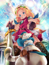 Rule 34 | 1girl, blonde hair, blue bow, blue eyes, blue headwear, boots, bow, brown footwear, brown gloves, building, crossed arms, day, from below, gloves, goggles, goggles on head, hair bow, hand on own hip, knife, long hair, original, outdoors, pink skirt, planted, pouch, red eyes, sheath, sheathed, skirt, smile, sword, ushihashiru, weapon