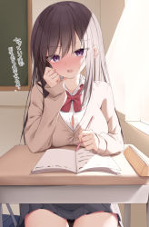 Rule 34 | 1girl, black skirt, blush, book, bow, bowtie, breasts, brown cardigan, brown hair, button gap, cardigan, chalkboard, cleavage, commentary request, desk, highres, holding, holding pen, indoors, kamu (geeenius), large breasts, long hair, long sleeves, looking at viewer, miniskirt, open book, open mouth, original, pen, pencil case, pov, purple eyes, red bow, red bowtie, school desk, school uniform, sitting, skirt, solo, translated