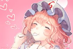 Rule 34 | 1girl, :t, ^ ^, blue hat, blush, closed eyes, commentary request, dated, foodgasm, frilled shirt collar, frills, hair between eyes, hand up, hat, head tilt, heart, hitodama, holding, mob cap, mochacot, outline, pink background, pink hair, portrait, ribbon-trimmed collar, ribbon trim, saigyouji yuyuko, simple background, solo, touhou, triangular headpiece, white outline