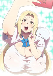 Rule 34 | 1girl, arm up, armpits, blonde hair, blue neckwear, blush, bow, bowtie, breasts, buttons, cellphone, cleavage, cleavage cutout, clothing cutout, covered erect nipples, facial mark, forehead mark, happy, highres, holding, holding phone, huge breasts, impossible clothes, light blush, long hair, nail polish, naruto (series), nipples, open mouth, over shoulder, phone, pink nails, see-through, shirt, simple background, smartphone, smile, taking picture, teeth, tetrodotoxin, tsunade (naruto), upper body, v, white shirt, yellow eyes