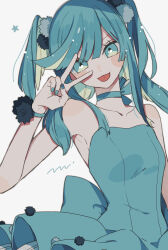 Rule 34 | 1girl, :p, aqua dress, aqua eyes, aqua hair, aqua nails, bare shoulders, blue dress, blue hair, blue nails, choker, collarbone, dress, hand up, highres, long hair, looking at viewer, maco22, multicolored hair, nail polish, original, pom pom (clothes), simple background, smile, solo, star (symbol), strapless, strapless dress, tongue, tongue out, two side up, v, white background