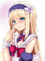 Rule 34 | 1other, apron, bare shoulders, blonde hair, blue dress, blue eyes, chevalier d&#039;eon (fate), chevalier d&#039;eon (maid knight) (fate), cleavage cutout, clothing cutout, commentary request, cum, dress, facial, fate/grand order, fate (series), flower, frilled dress, frills, hair flower, hair ornament, hairband, highres, long hair, looking at viewer, neck ribbon, open mouth, ribbon, sen (astronomy), sidelocks, solo, white apron