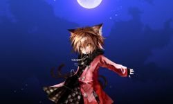 Rule 34 | 1girl, animal ears, cat ears, cat girl, cat tail, chain, chen, dress, female focus, glowing, glowing eyes, gradient background, jacket, jewelry, koumajou densetsu, moon, multiple tails, night, night sky, outdoors, sky, solo, star (symbol), tagme, tail, touhou