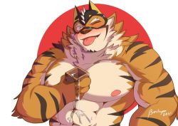 Rule 34 | 1boy, :p, abs, animal ears, bara, beckkyun, beige fur, blush, chest hair, completely nude, drunk, facial hair, fang, furry, furry male, goatee, head tilt, large pectorals, live a hero, male focus, mask, mature male, muscular, muscular male, nipples, nude, official alternate costume, one eye closed, orange fur, pectorals, ryekie (drunk tiger) (live a hero), ryekie (live a hero), santa costume, sexually suggestive, short hair, solo, spilling, stomach, stubble, tiger boy, tiger ears, tongue, tongue out, two-tone fur, upper body