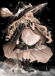 Rule 34 | 1girl, absurdres, apron, black cape, black dress, black footwear, black hat, blonde hair, boots, bow, braid, cape, closed mouth, cross-laced footwear, dress, fishing rod, frilled dress, frills, hair between eyes, hat, hat bow, highres, holding, holding fishing rod, kirisame marisa, long hair, ougiikun, red eyes, single braid, smile, solo, touhou, white apron, white bow, witch hat