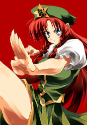 Rule 34 | 1girl, ahoge, beret, blue eyes, braid, breasts, china dress, chinese clothes, clenched hand, delusion overdose, dress, female focus, fighting stance, fingernails, hat, hong meiling, immaterial and missing power, large breasts, leg up, long fingernails, long hair, matsuno canel, open mouth, red hair, simple background, solo, star (symbol), thighs, touhou, twin braids, very long hair