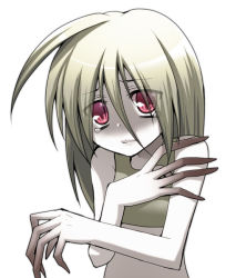 Rule 34 | 1girl, ahoge, blonde hair, claws, frown, left 4 dead, long hair, looking at viewer, midriff, pale skin, red eyes, silver hair, simple background, solo, tears, upper body, white background, witch (left4dead)