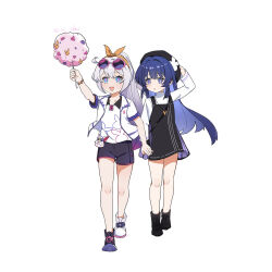 Rule 34 | 2girls, :d, :o, aged down, ahoge, arm up, bare legs, beret, black footwear, black headwear, breasts, child, chinese commentary, collar, colored inner hair, eyewear on head, hand on headwear, hat, hetare mizu, highres, homu (honkai impact), honkai (series), honkai impact 3rd, jewelry, kiana kaslana, kiana kaslana (herrscher of finality), long sleeves, multicolored footwear, multicolored hair, multiple girls, necklace, open clothes, open mouth, raiden mei, raiden mei (herrscher of origin), shirt, shorts, simple background, small breasts, smile, standing, star-shaped pupils, star (symbol), symbol-shaped pupils, twitter username, walking, white background, white hair, white shirt, white sleeves, yellow headwear