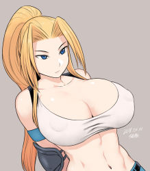 Rule 34 | 1girl, angel (shock troopers), armband, arms behind back, blonde hair, blue eyes, breasts, brown background, cleavage, collarbone, covered erect nipples, dated, elbow pads, hair intakes, high ponytail, huge breasts, long hair, midriff, navel, ponytail, shock troopers, shock troopers second squad, signature, simple background, snk, solo, tank top, toned, tsukudani (coke-buta), very long hair