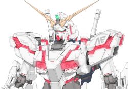 Rule 34 | anaheim electronics, aron e, commentary request, green eyes, gundam, gundam unicorn, highres, mecha, mobile suit, no humans, nt-d, robot, science fiction, simple background, solo, unicorn gundam, upper body, v-fin, white background