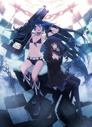 Rule 34 | 10s, 2girls, belt, bikini, bikini top only, black rock shooter, black rock shooter (character), boots, dead master, highres, midriff, multiple girls, nayu, salute, scar, short shorts, shorts, sitting, swimsuit, tongue, twintails