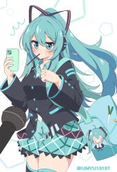 1girl ^^^ aqua_eyes aqua_hair aqua_skirt bag black_ribbon black_shirt blush cellphone charm_(object) commentary cowboy_shot food food_in_mouth hair_ribbon hatsune_miku hatsune_miku_(if) headphones high_ponytail highres holding holding_phone interview long_hair long_sleeves looking_at_viewer microphone miniskirt mouth_hold oyu_(umyu13137) phone plaid_clothes plaid_skirt pleated_skirt pocky pocky_in_mouth pov ribbon shirt shoulder_bag skindentation skirt smartphone solo spring_onion_print striped_ribbon sweat thighhighs twitter_username vocaloid zettai_ryouiki